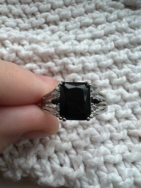 Vintage Unisex Sterling Silver Black Onyx Cocktail Ring with - signed 925 - 9.5